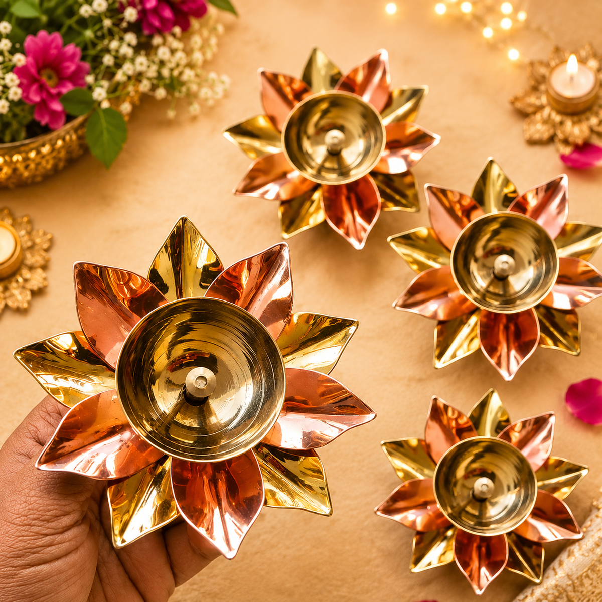 (MG2) (MOQ -50 Pcs)Lotus Flower Design Metal Oil Diya – Decorative Pooja Lamp