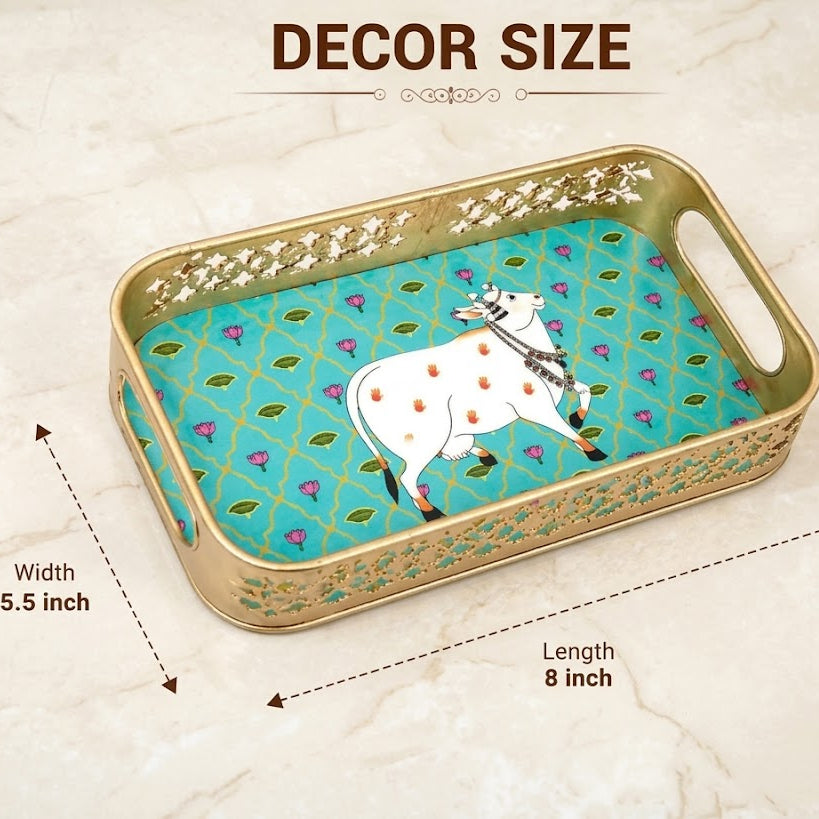 (R40) Pichwai Art Decorative Serving Tray with Gold Finish 8 Inch (1pcs-200Rs)
