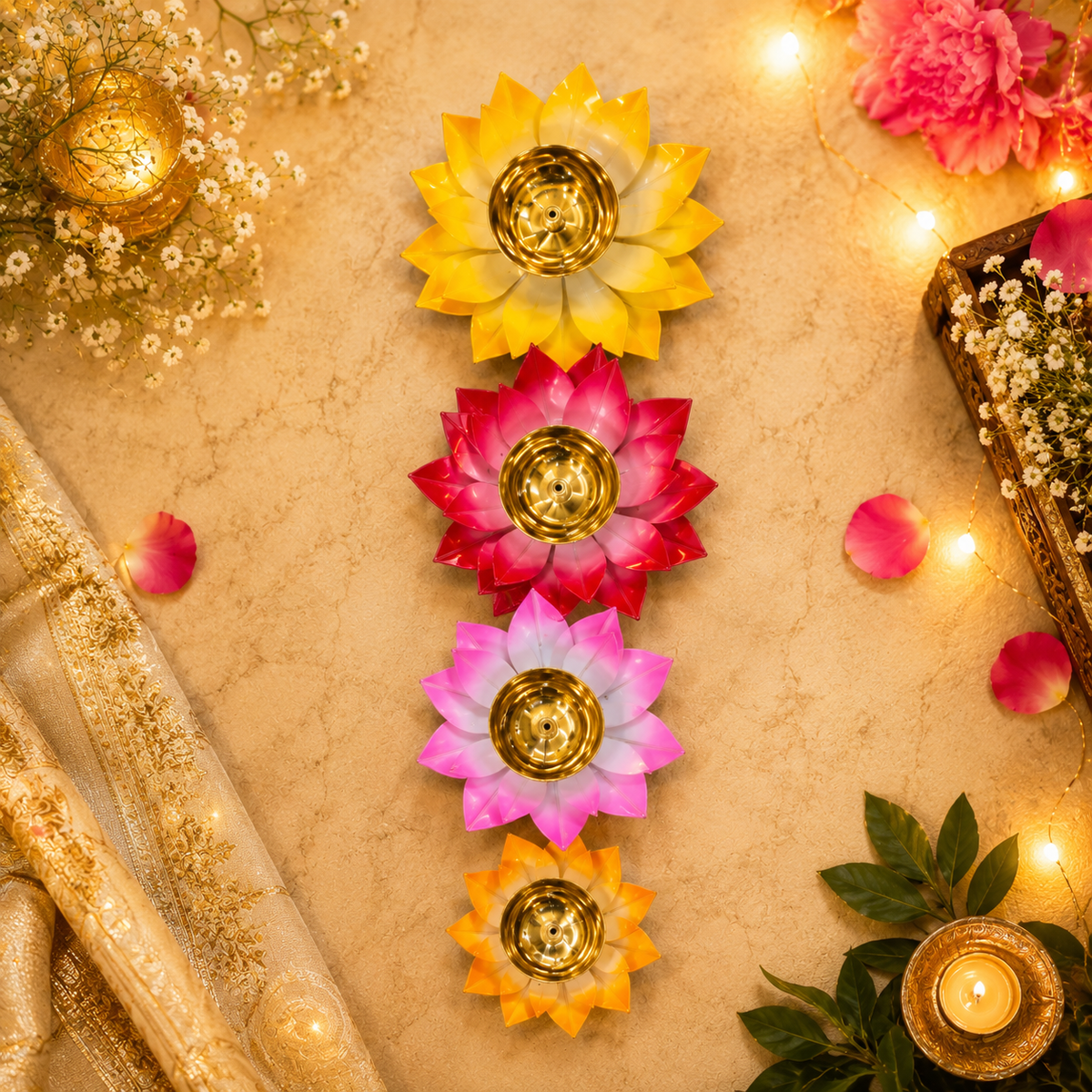 (MG3) (MOQ -50 Pcs) Multicolor Lotus Flower Oil Diya Set – Decorative Pooja & Festival Lamps