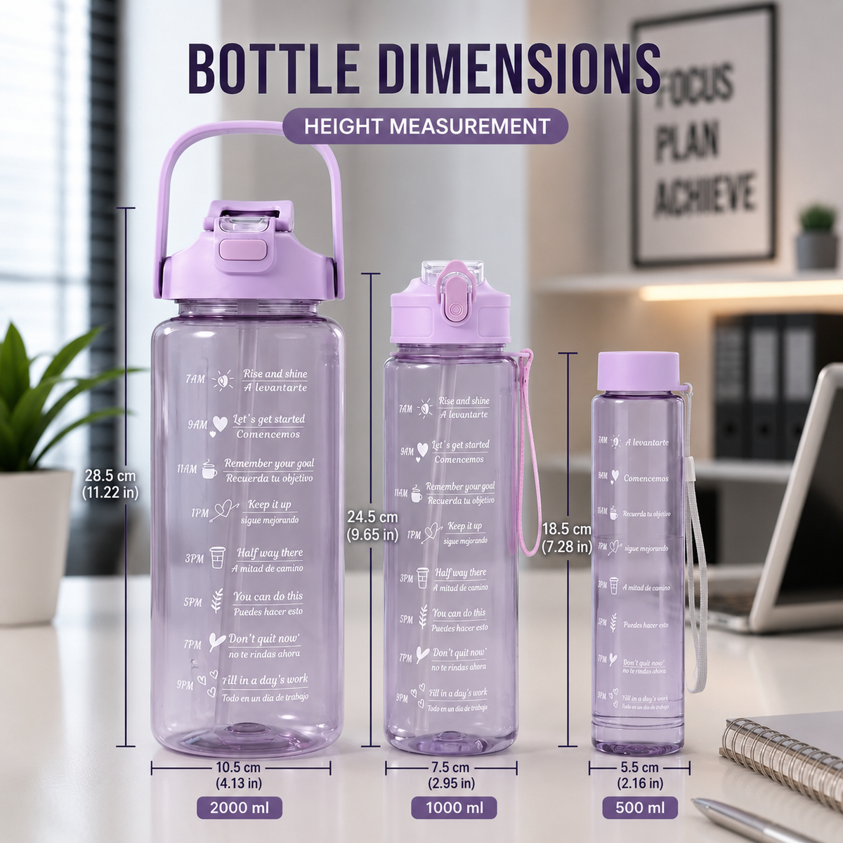 (B2) Set of 3 Transparent Motivational Plastic Water Bottles – 2000Ml, 900Ml & 300Ml