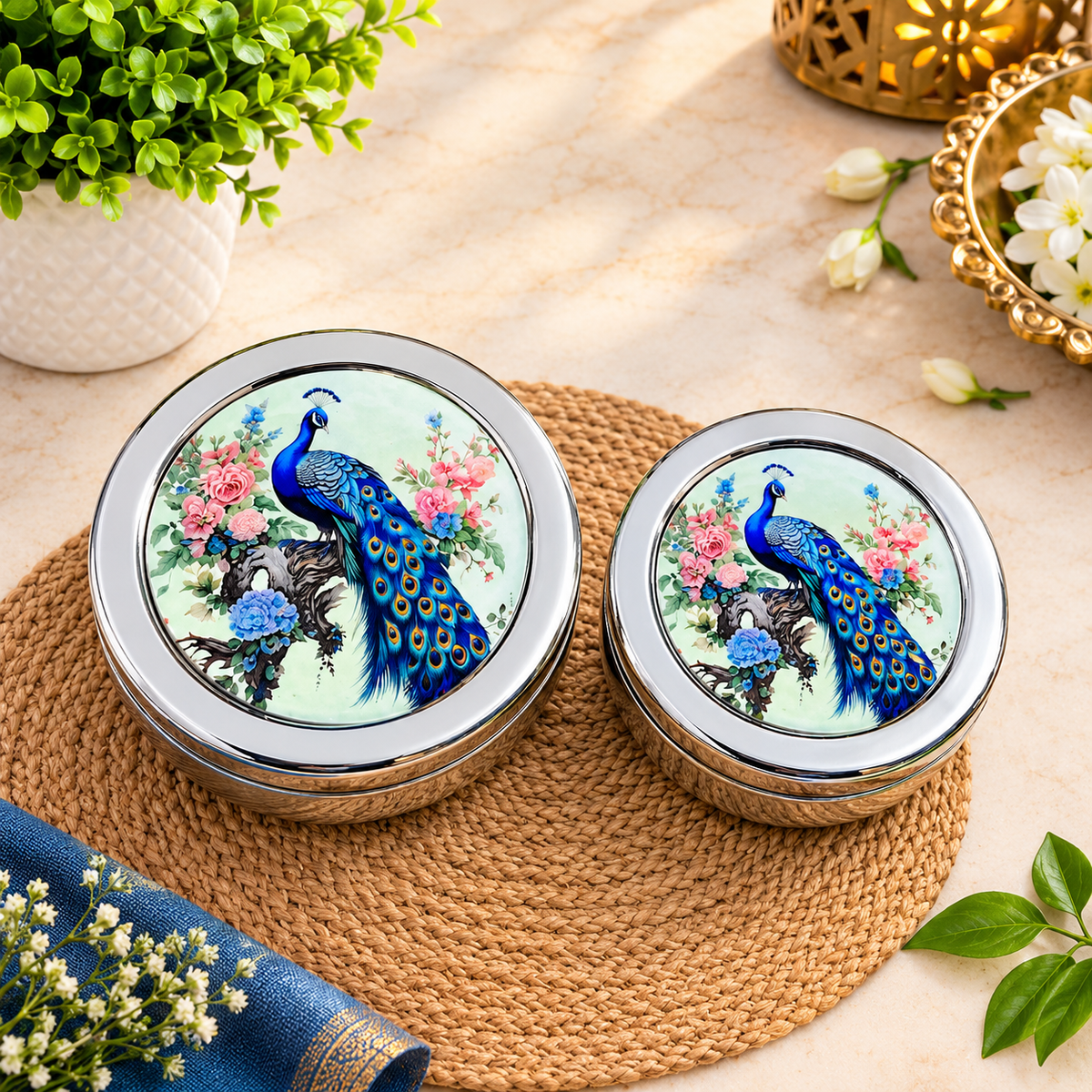 (R47) (MOQ-4Pcs) 4 Inch Traditional Art Print Stainless Steel Lunch Box (1Box-90Rs)