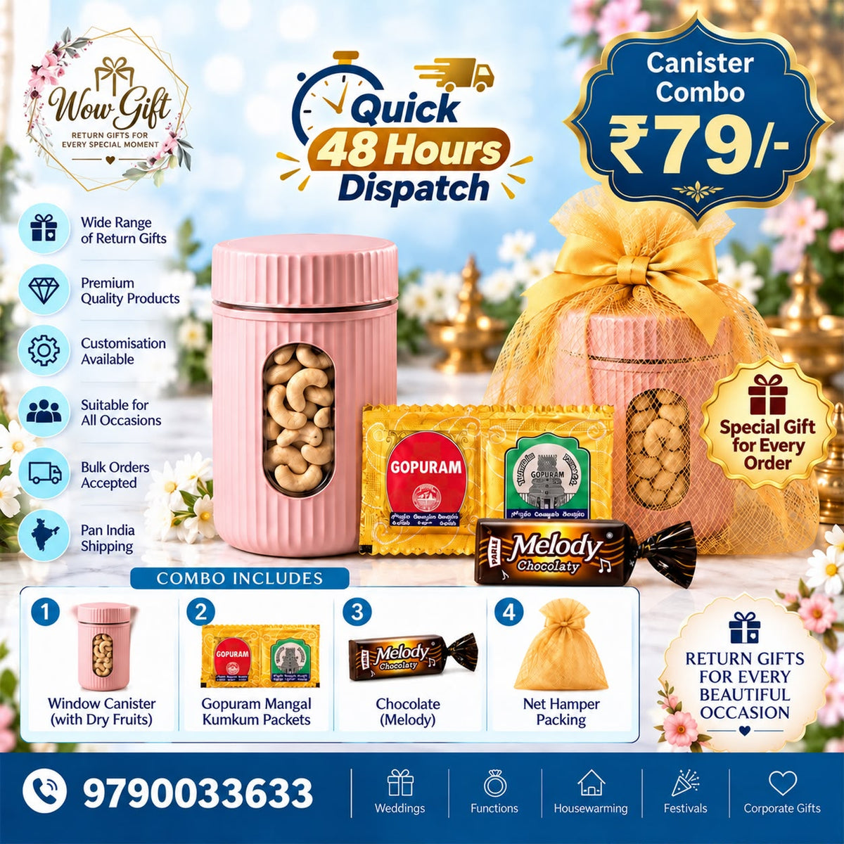 (NRC32) (MOQ: 30 Pcs) Return Gift Combo – Window Canister with Dry Fruits, Kumkum Packets, Chocolate
