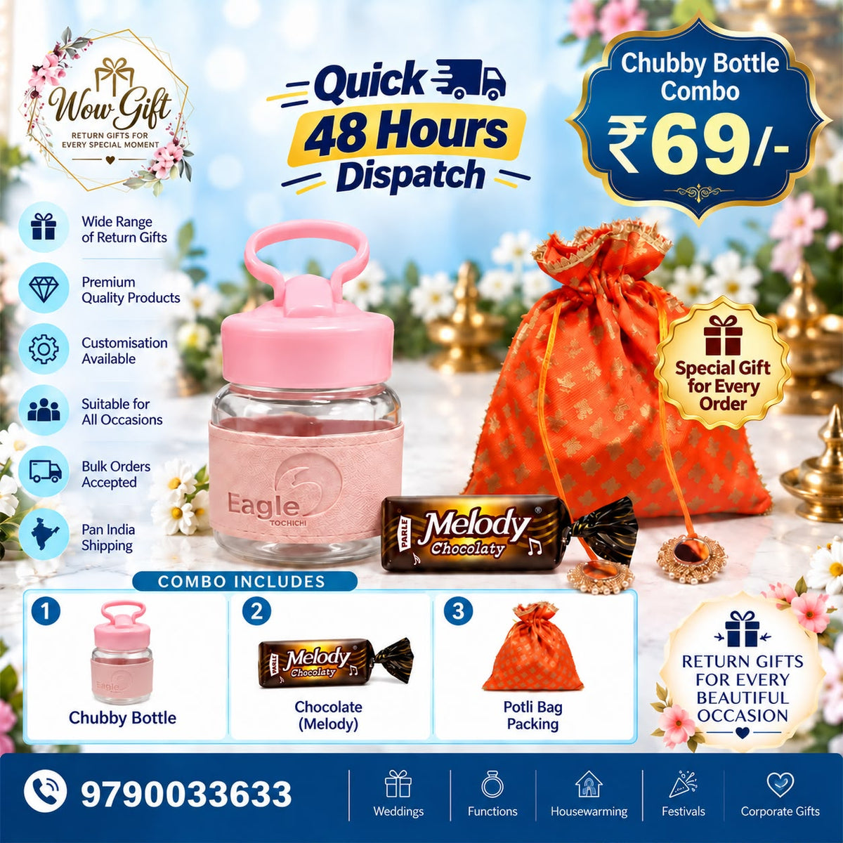 (NRC33) (MOQ: 30 Pcs) Return Gift Combo – Eagle Chubby Water Bottle with Chocolate & Potli Bag Packing