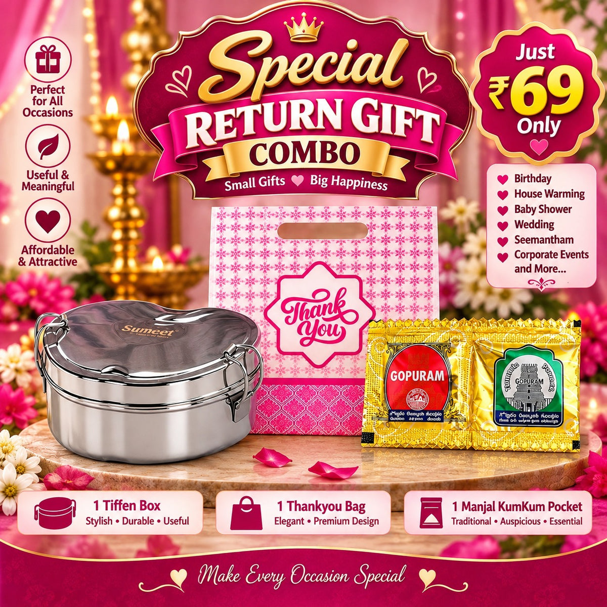 (BRC-010) (MOQ: 30 Pcs) Traditional Return Gift Combo with Tiffin Box, Thankyou Bag and Manjal Kumkum Pack