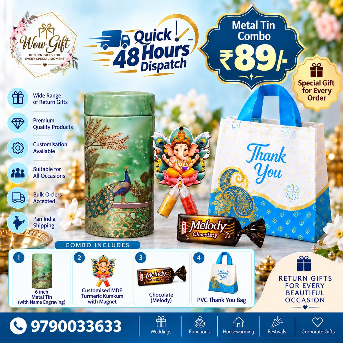 (NRC34) (MOQ: 30 Pcs) Return Gift Combo – 6 Inch Peacock Design Tin with Name Engraving, Kumkum Magnet, Chocolate & Thank You Bag