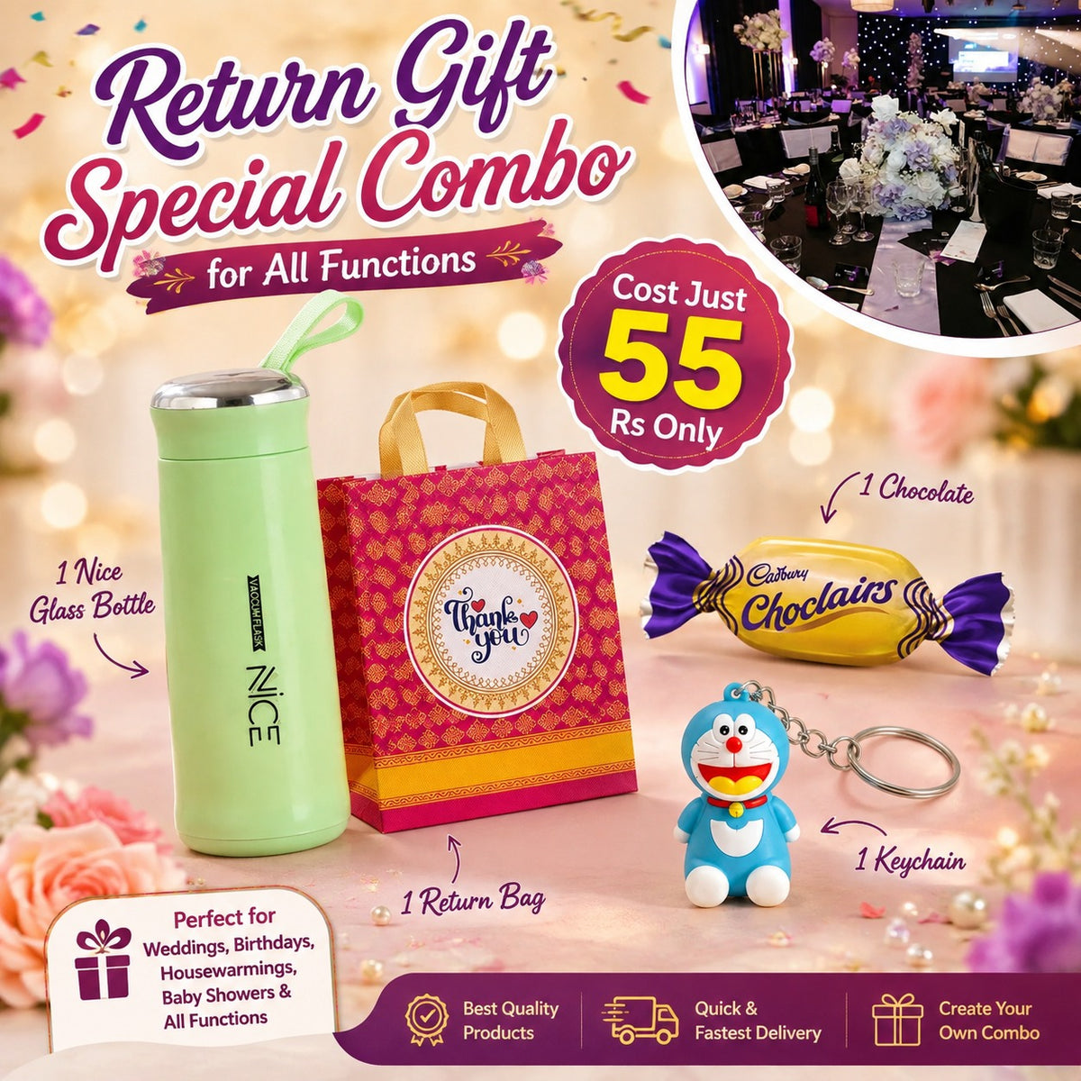 (BRC-07) (MOQ: 30 Pcs) Return Gift Combo with Nice Glass Bottle, Thankyou Bag, Keychain and Chocolate