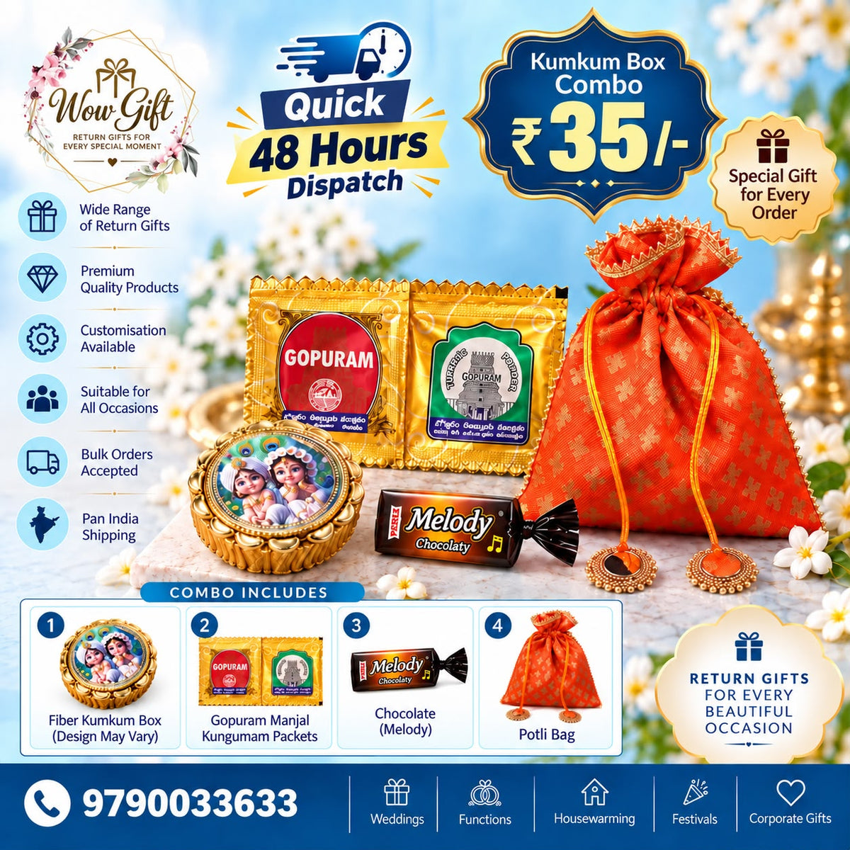 (NRC35) (MOQ: 30 Pcs) Return Gift Combo – Fiber Kumkum Box with Printed Design, Kumkum Packets, Chocolate & Potli Bag