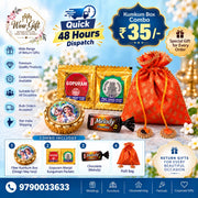 (NRC35) (MOQ: 30 Pcs) Return Gift Combo – Fiber Kumkum Box with Printed Design, Kumkum Packets, Chocolate & Potli Bag