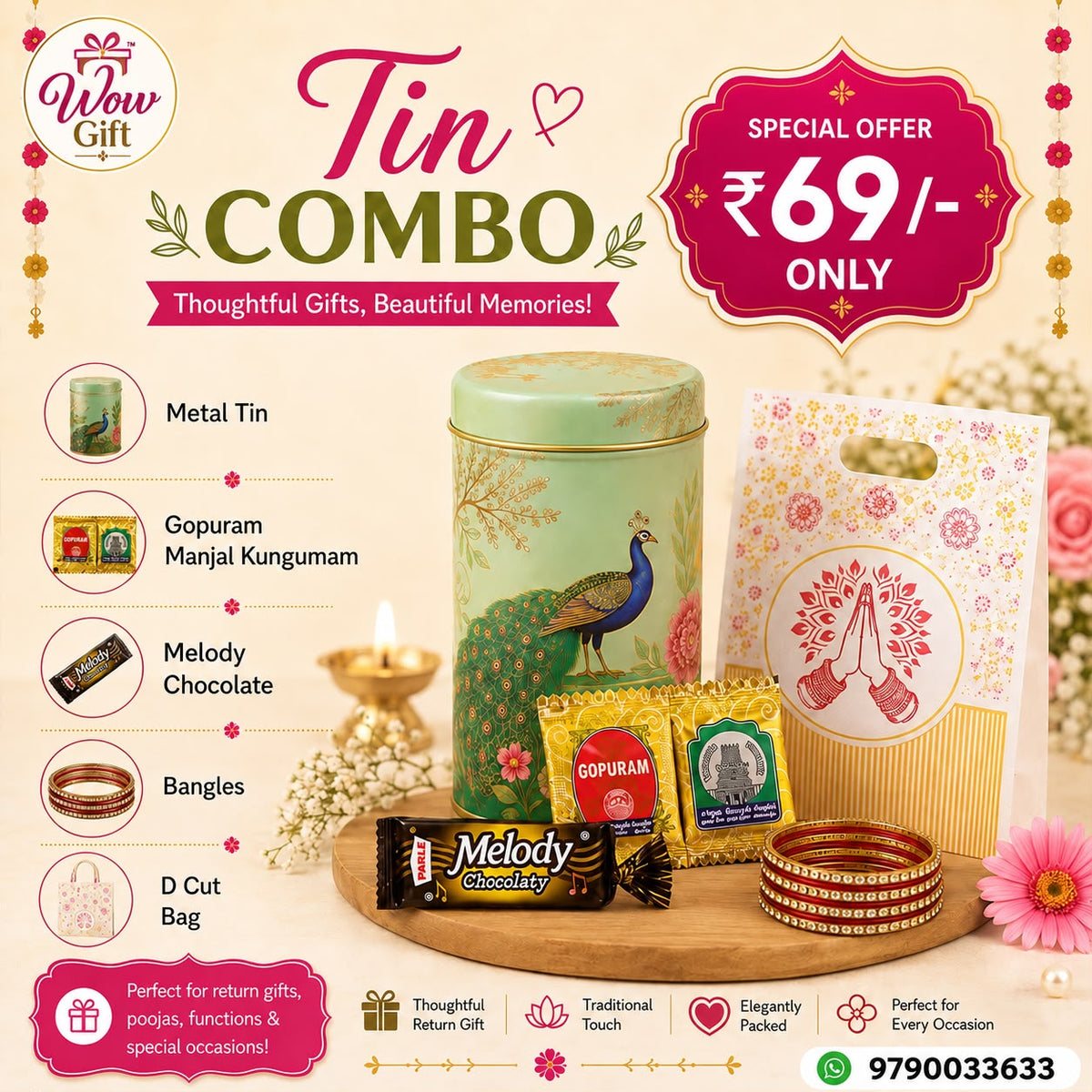 (NRC36) (MOQ: 30 Pcs) Combo Return Gift – Peacock Design Metal Tin ,Bangles, Kumkum Packets, Chocolate & Bag