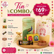 (NRC36) (MOQ: 30 Pcs) Combo Return Gift – Peacock Design Metal Tin ,Bangles, Kumkum Packets, Chocolate & Bag