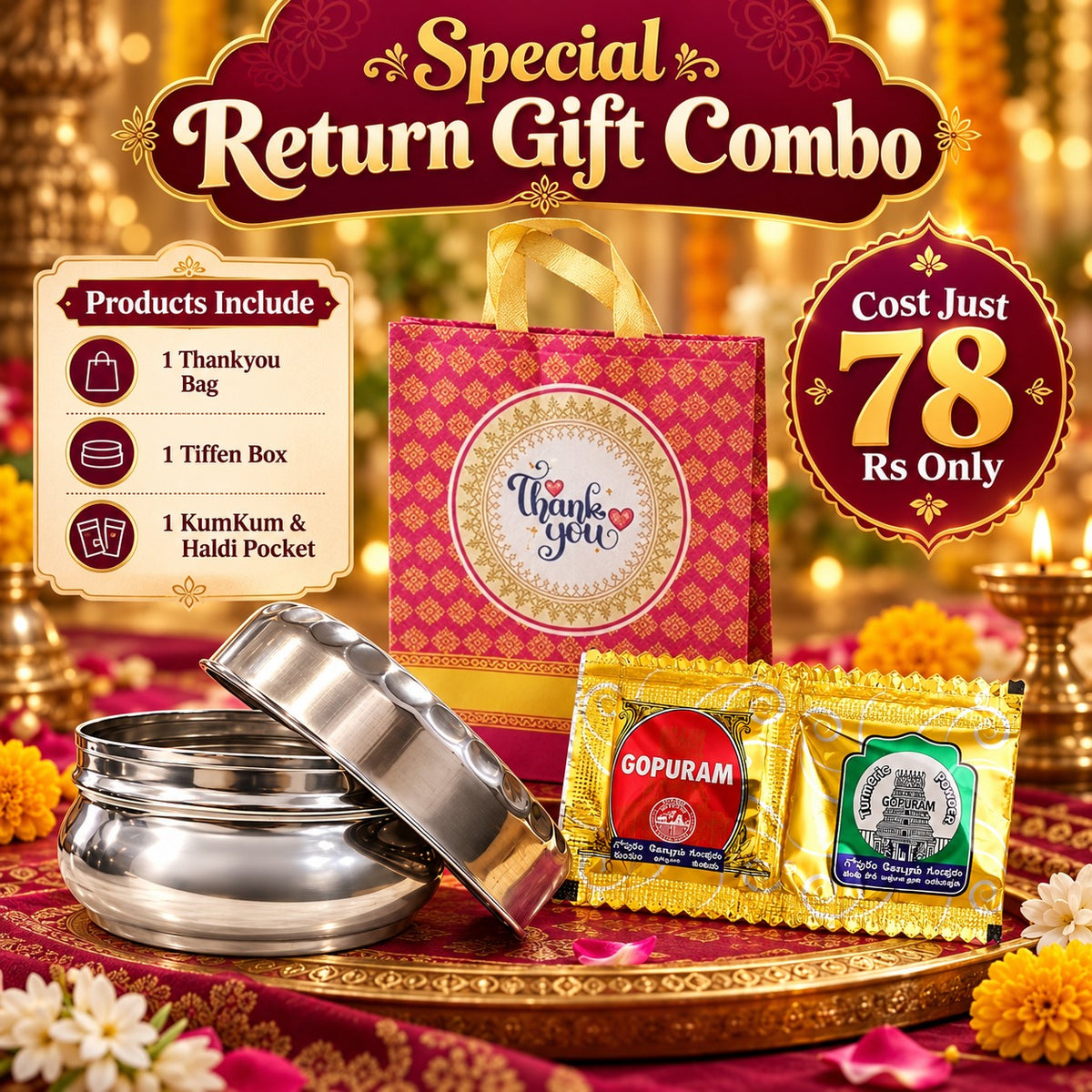 (BRC-011) (MOQ: 30 Pcs) Traditional Return Gift Combo with Round Tiffin Box, Thankyou Bag and Haldi Kumkum Pack