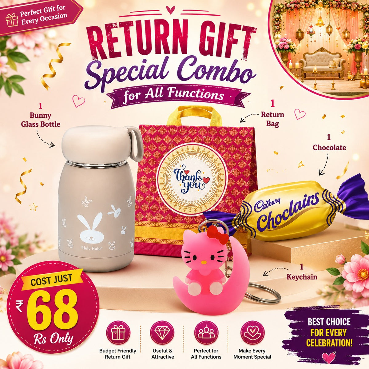 (BRC-09) (MOQ: 30 Pcs) Return Gift Combo with Bunny Glass Bottle, Thankyou Bag, Keychain and Chocolate