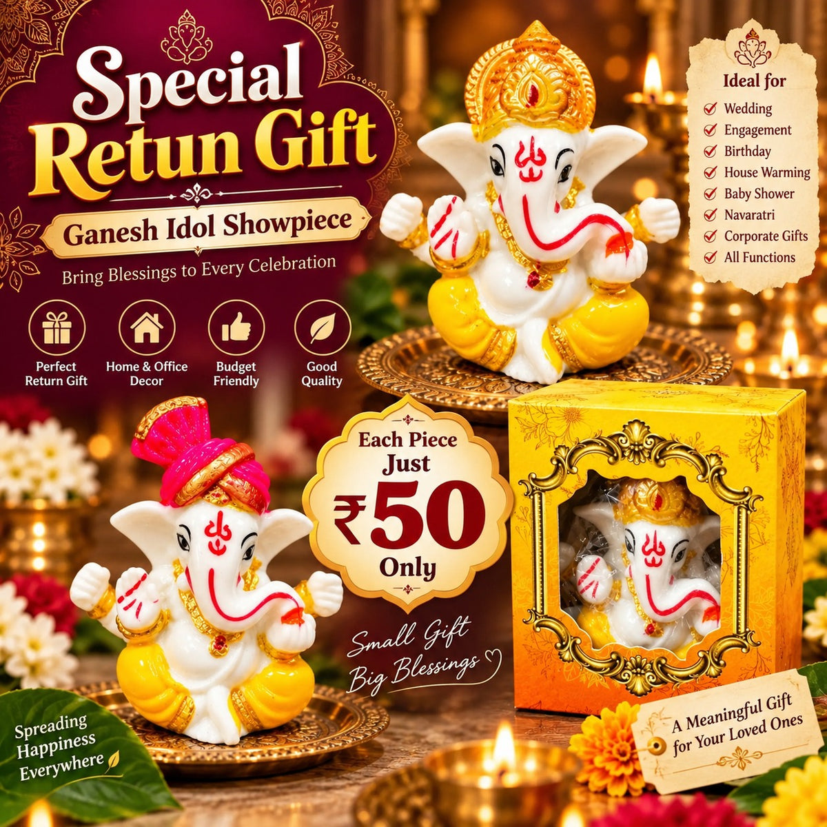 (BRC-06) (MOQ: 30Pcs) Ganesh Idol Showpiece with Gift Box for Return Gifting