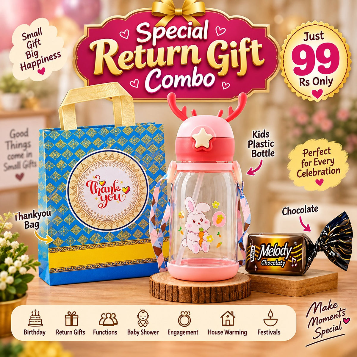 (BRC16) (MOQ: 30 Pcs) Kids’ Return Gift Combo with Kids Plastic Bottle, Thankyou Bag and Chocolate