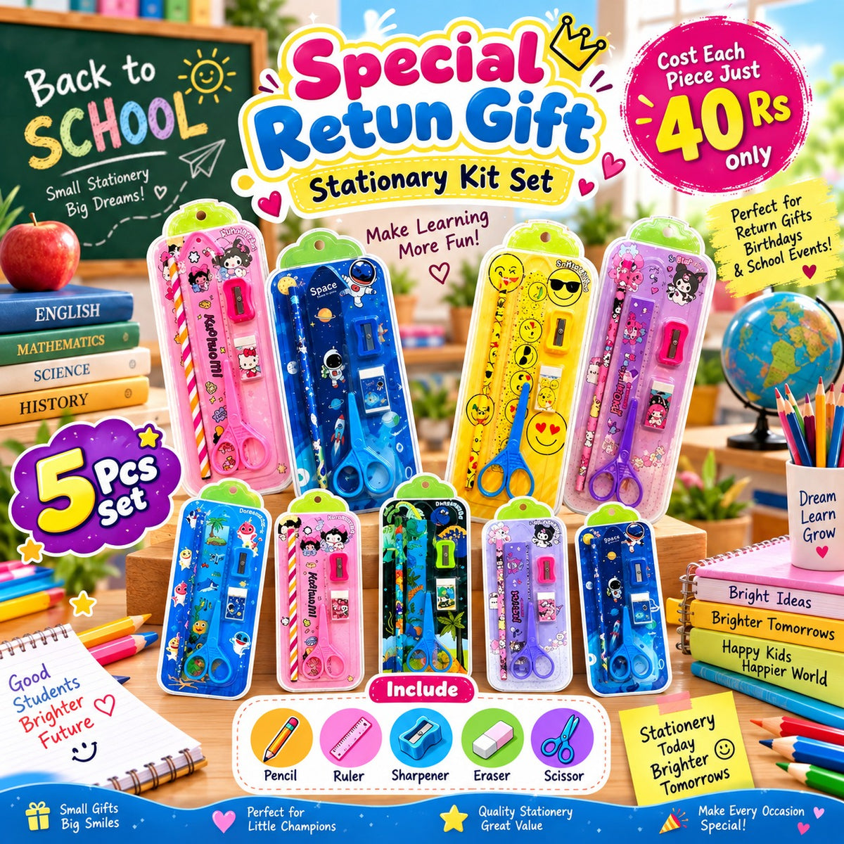 (BRC-04) (MOQ: 30 Pcs) Kids’ 5-Piece Stationery Kit Return Gift Set