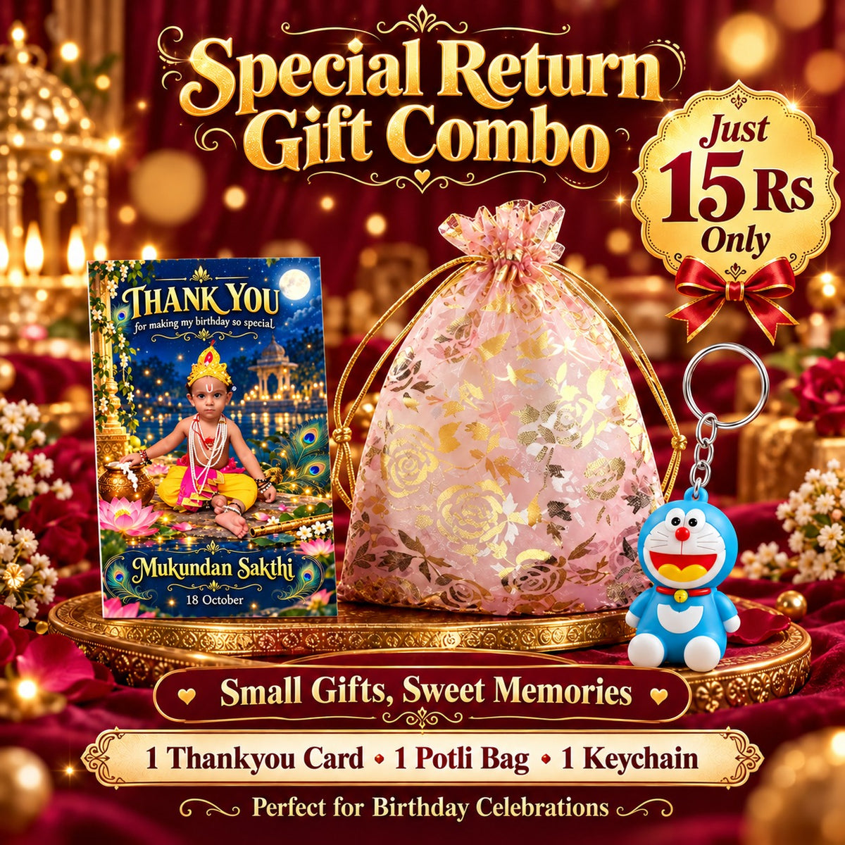 (BRC-01) (MOQ: 30 Pcs) Birthday Return Gift Combo with Potli Bag, Keychain and Thankyou Card