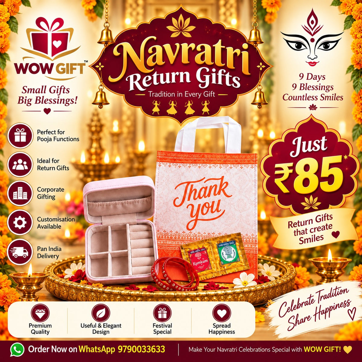 (NRC23) (MOQ: 30 Pcs) Navratri Return Gift Combo – Elegant Thank You Tote Bag, Jewelry Organizer & Kumkum Set