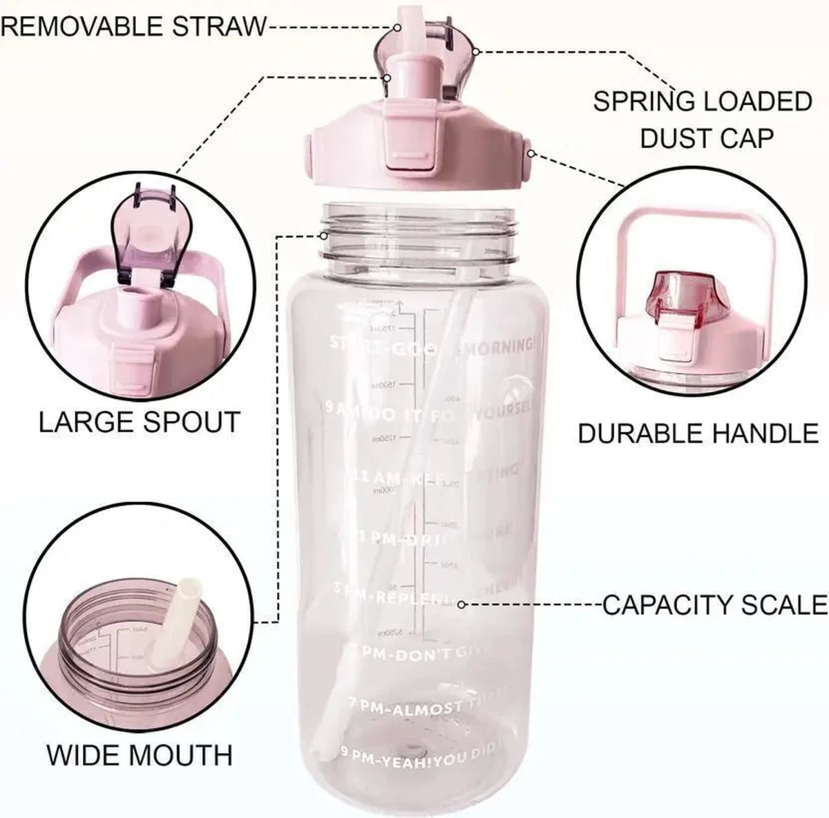 (B2) Set of 3 Transparent Motivational Plastic Water Bottles – 2000Ml, 900Ml & 300Ml