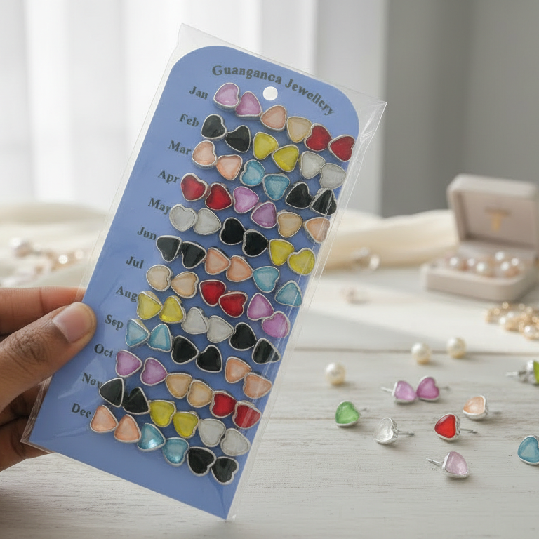 (066) Beautiful Heart Shape Stud Earrings – (One Pair 10.Rs) PACK OF 36 PAIRS – 360