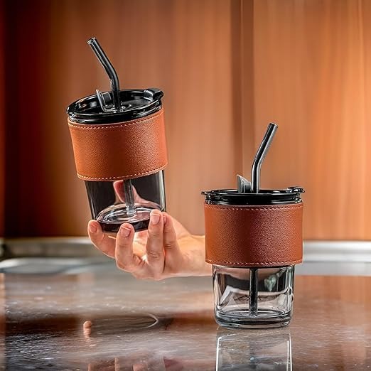 (B-030) Glass Sipper Tumbler with Lid & Straw 400ml Coffee Mug