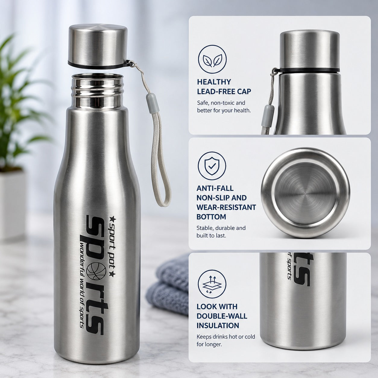 (B-035) Stainless Steel Sports Bottle 500ml Hot & Cold Water Bottle