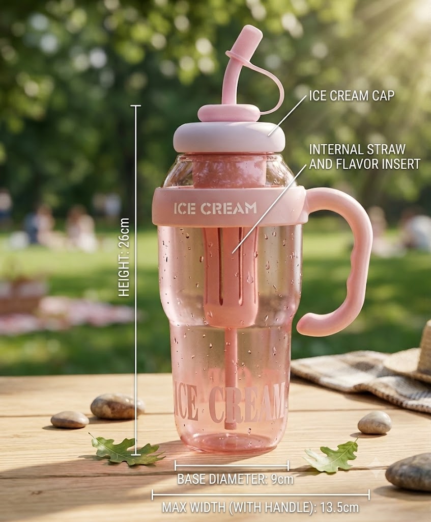 (B22) (MOQ :2 Pcs) Ice Cream Design Plastic Water Bottle 1300ml with Straw