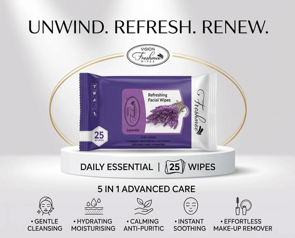 (G62) Lavender Facial Wipes – Gentle Cleansing, Soothing & Hydrating Makeup Remover ( 1 Pack - 25 Wipes)