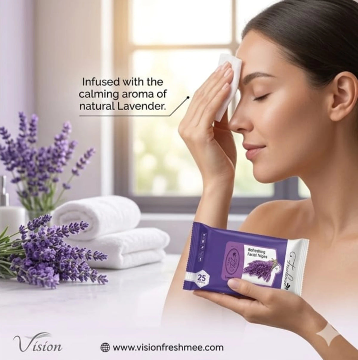 (G62) Lavender Facial Wipes – Gentle Cleansing, Soothing & Hydrating Makeup Remover ( 1 Pack - 25 Wipes)