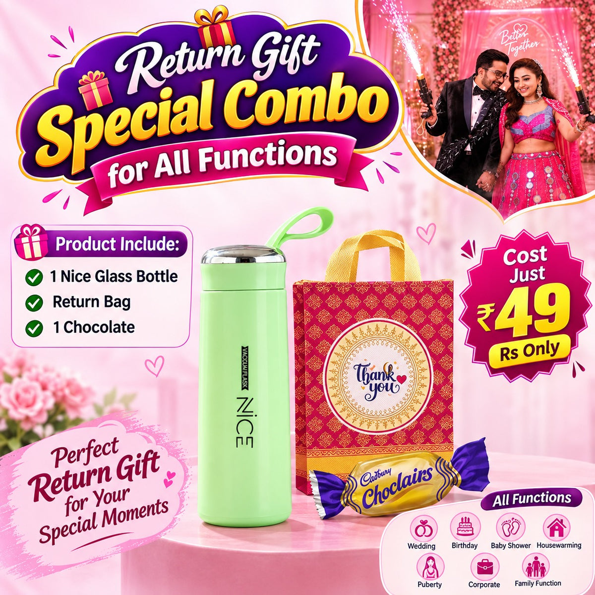 (BRC-05) (MOQ: 30 Pcs) Return Gift Combo with Nice Glass Bottle, Thankyou Bag and Chocolate