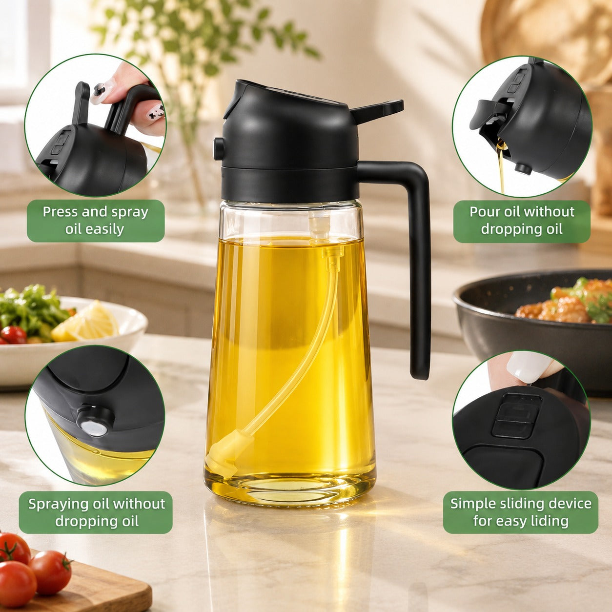 (K-012) 2-in-1 Glass Oil Spray Bottle & Dispenser 450ml – Multi-Purpose Oil Sprayer