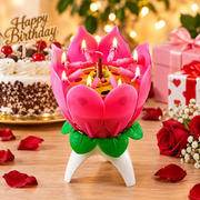 (G61) Pink Lotus Musical Birthday Candle – Rotating Flower Cake Decoration (1 Piece 40 Rs)
