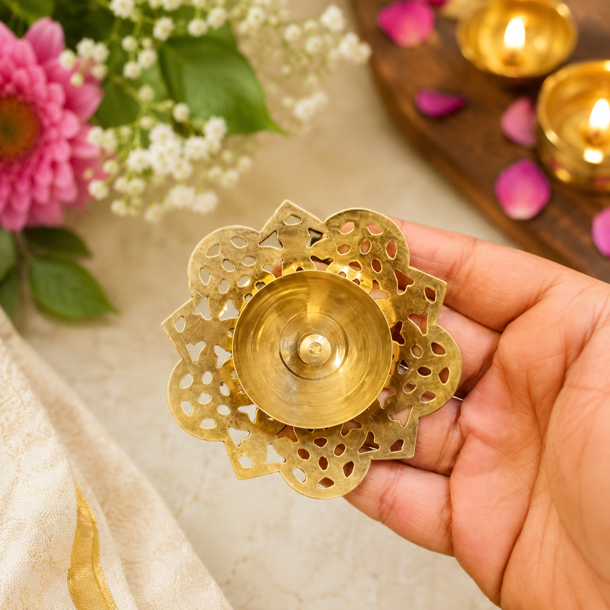 (MG1) (MOQ -50 Pcs) Mixed Design Decorative Brass Oil Diya – Traditional Pooja Lamp