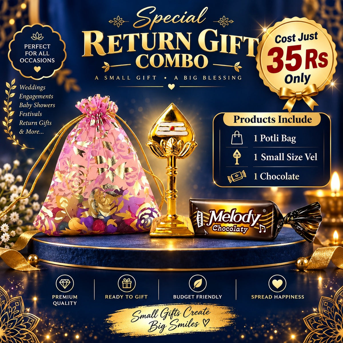 (BRC-03) (MOQ: 30 Pcs) Traditional Return Gift Combo with Potli Bag, Small Vel and Chocolate