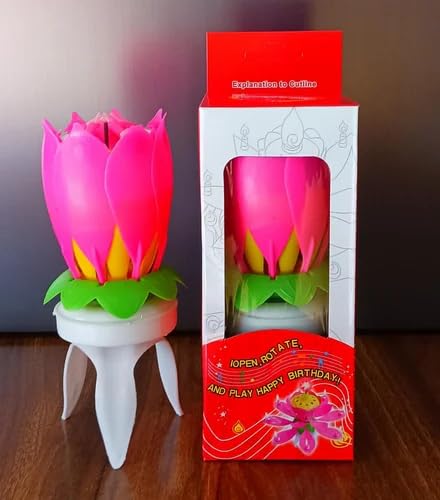 (G61) Pink Lotus Musical Birthday Candle – Rotating Flower Cake Decoration (1 Piece 40 Rs)