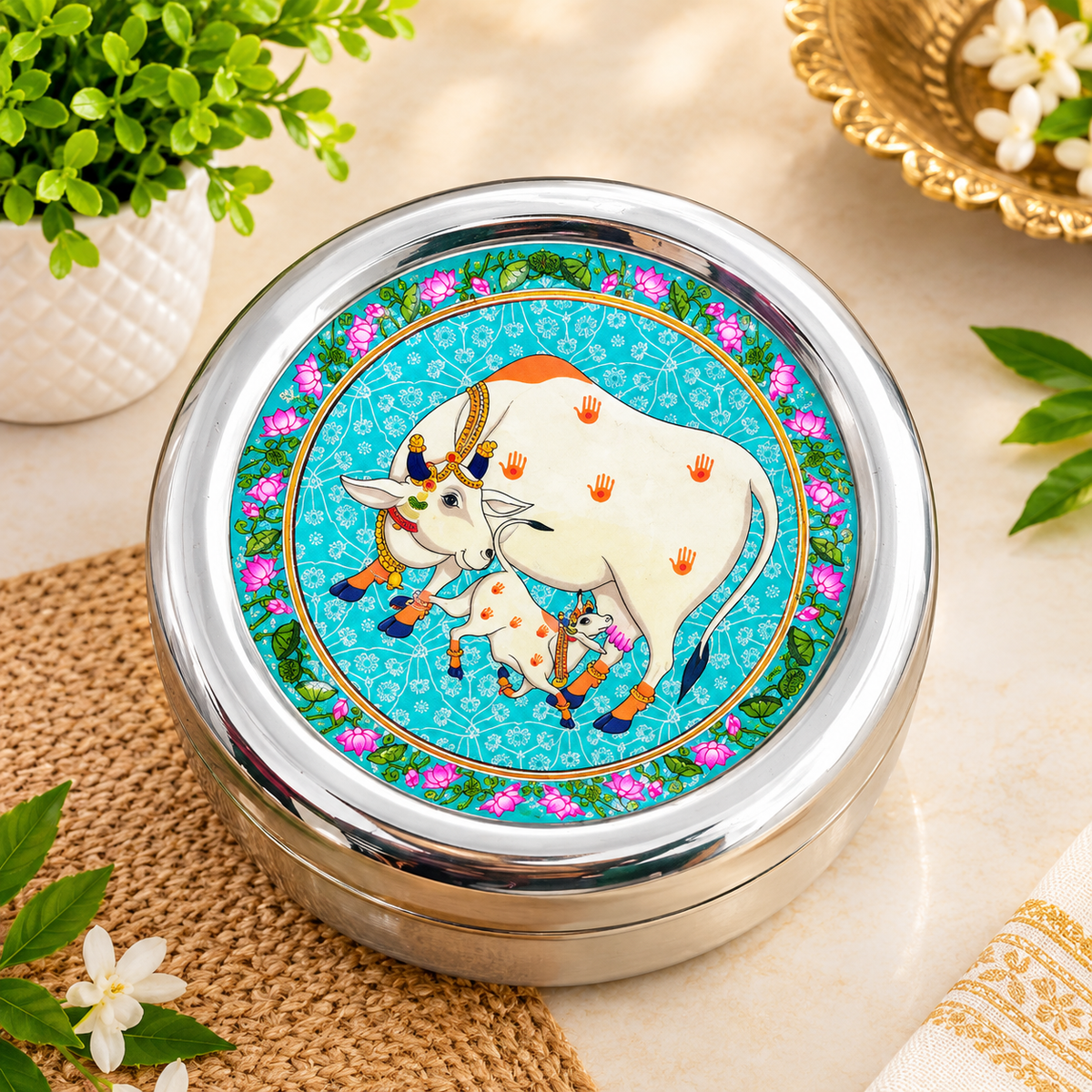 (R47) (MOQ-4Pcs) 4 Inch Traditional Art Print Stainless Steel Lunch Box (1Box-90Rs)