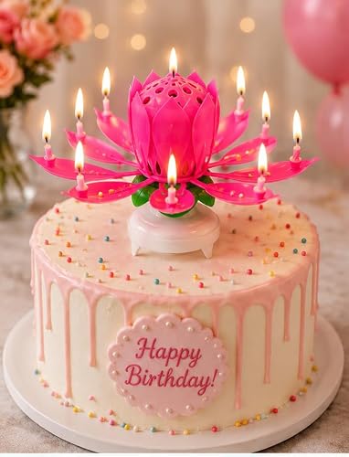 (G61) Pink Lotus Musical Birthday Candle – Rotating Flower Cake Decoration (1 Piece 40 Rs)