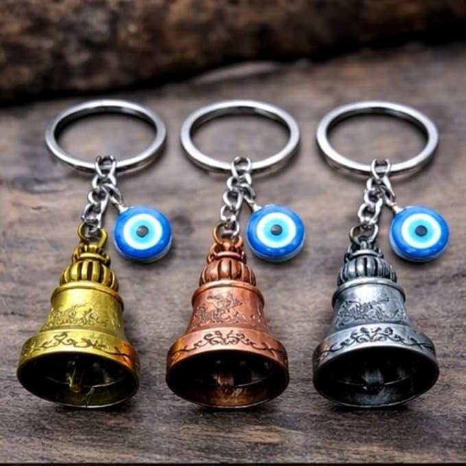 (KC44) Evil Eye Bell Keychain – Decorative Protection Key Ring with Metal Bell Pendant ( Pack of 12 Pcs - 1200 Rs)