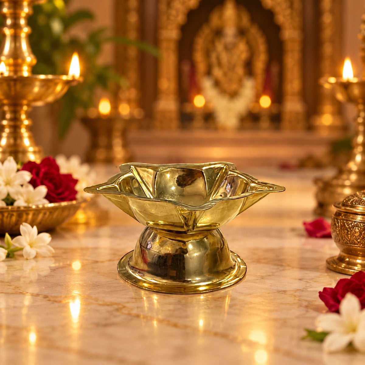 (MG7) (MOQ: 6 Pcs) Brass Five Star Face Small Diya for Pooja and Festive Decor