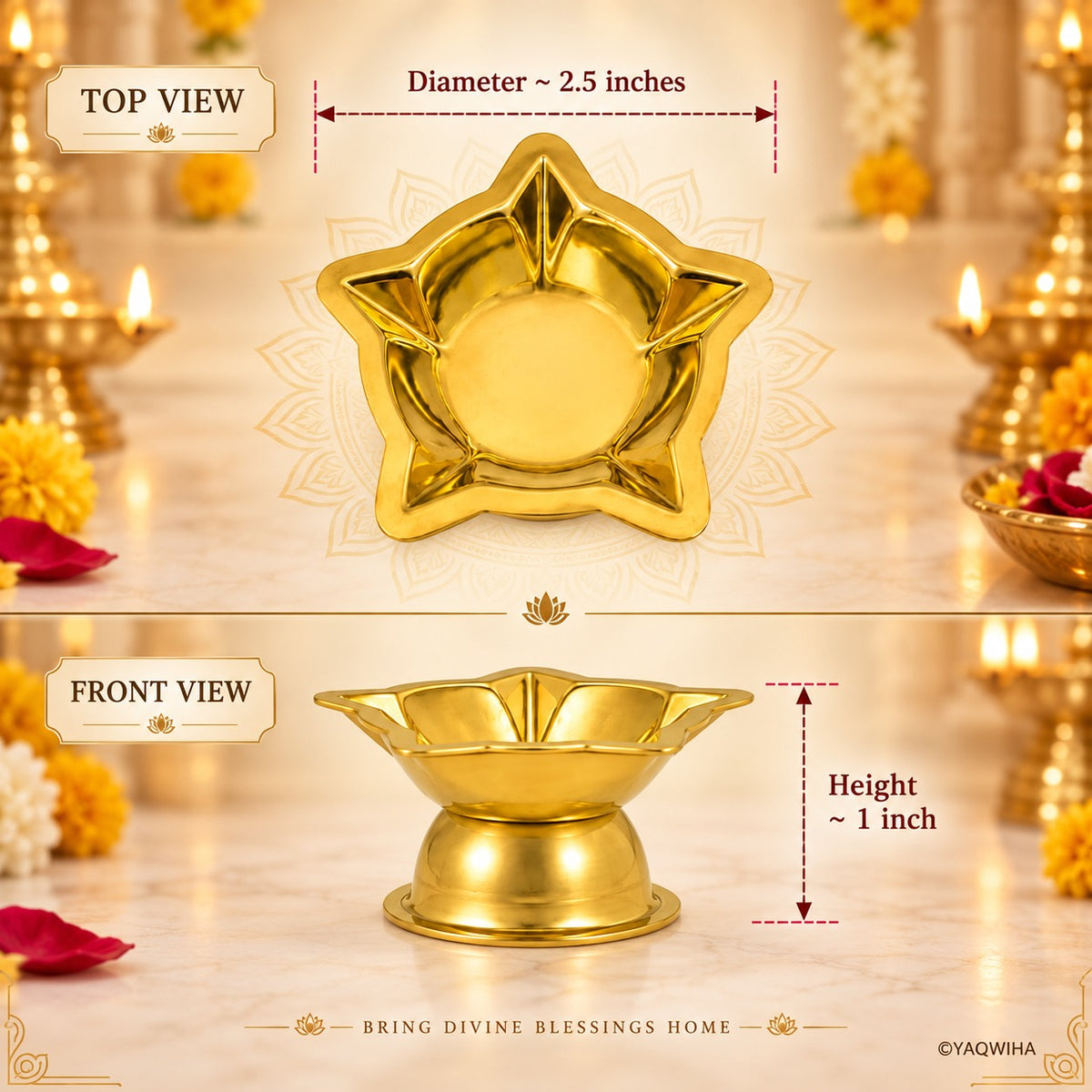 (MG7) (MOQ: 6 Pcs) Brass Five Star Face Small Diya for Pooja and Festive Decor