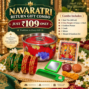 (NRC27) (MOQ: 30 Pcs) Return Gift Combo – 400ml Steel Tin, Glass Bangles, Goddess Picture, Comb, Mirror & Manjal Kumkum Set