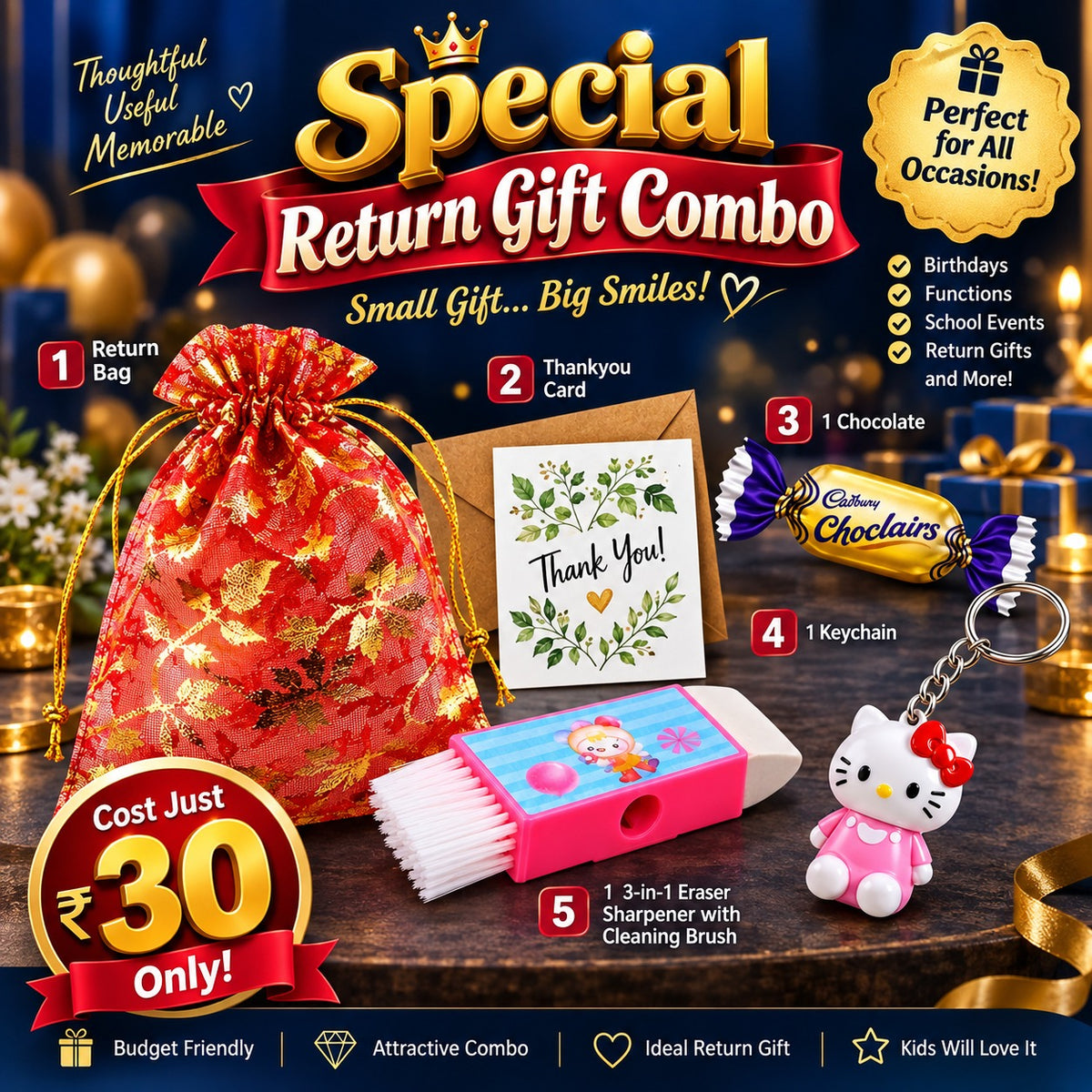 (BRC-01) (MOQ: 30 Pcs) Return Gift Combo with Potli Bag, Keychain & 3-in-1 Eracer