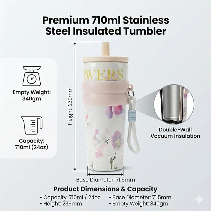 (B52) 700ML Floral Print Stainless Steel Vacuum Insulated Tumbler with Straw & Carry Strap