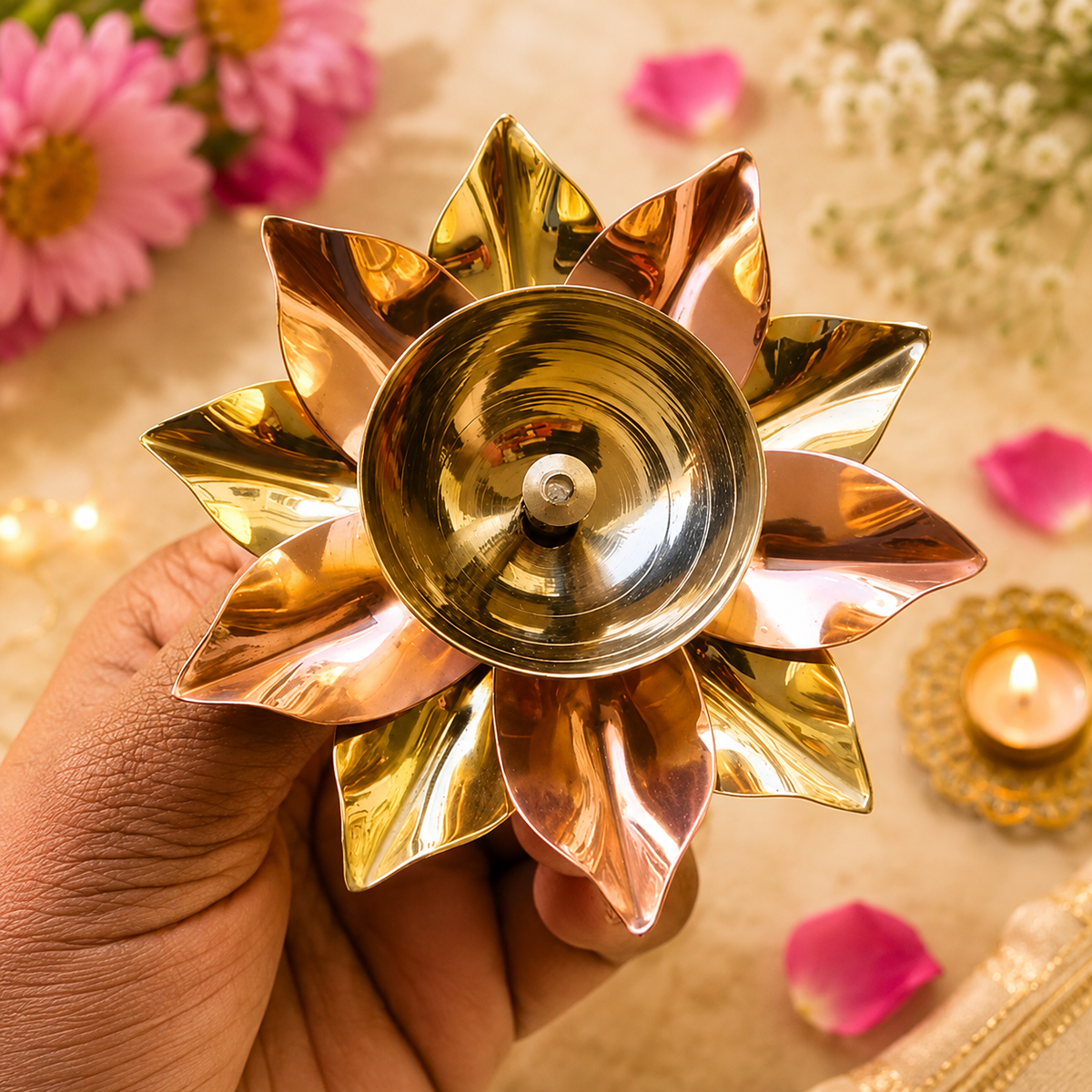 (MG2) (MOQ -50 Pcs)Lotus Flower Design Metal Oil Diya – Decorative Pooja Lamp