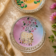 (MG6)(MOQ-4Pcs) Antique-Finish Pichwai Decorative Tray with Handle (1pcs-220Rs)