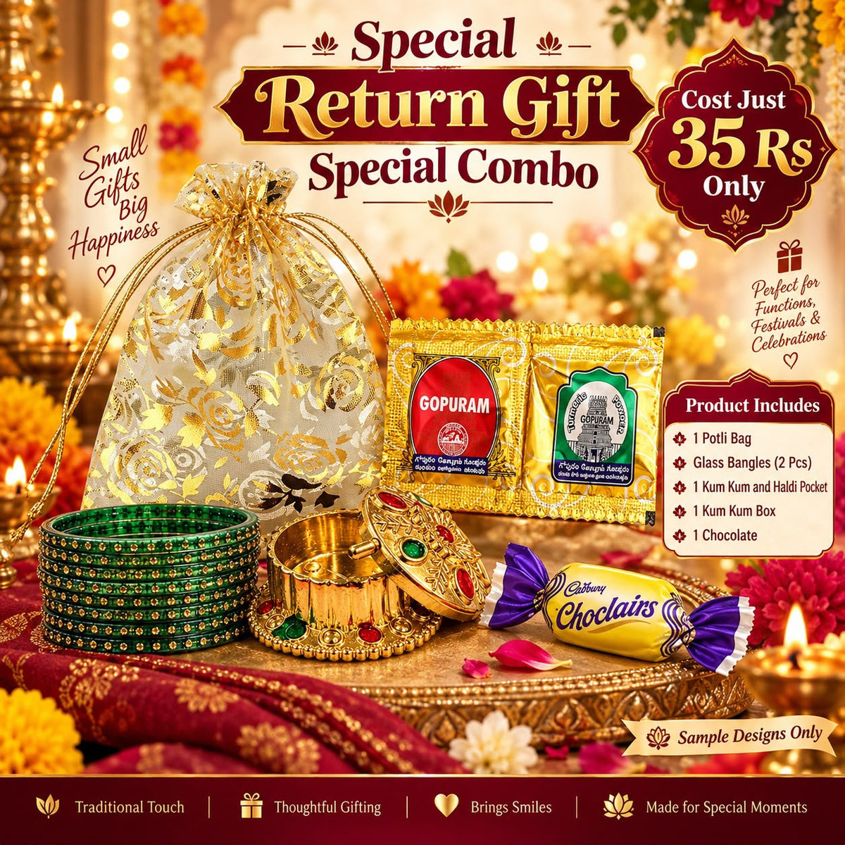 (NRC28) (MOQ: 30 Pcs) Return Gift Combo Pack – Potli Bag with Bangles, Kum Kum Box, Haldi-Kumkum Pouch & Chocolate