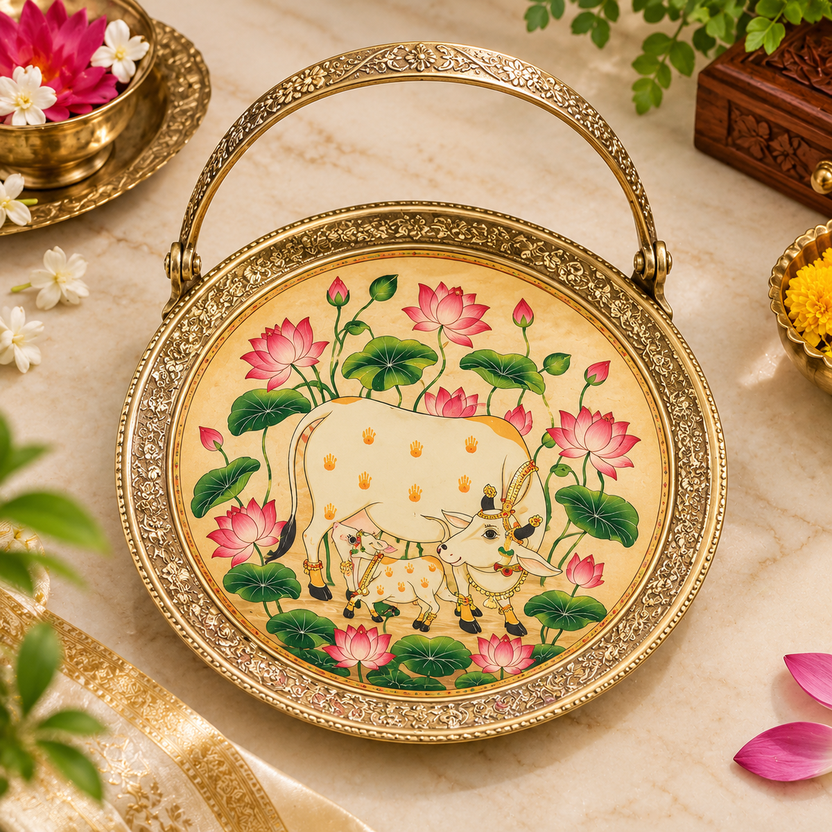 (MG6)(MOQ-4Pcs) Antique-Finish Pichwai Decorative Tray with Handle (1pcs-220Rs)
