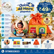 (NRC29) (MOQ: 30 Pcs) Return Gift Combo – Customised 3 Inch Magnet with Kumkum, Chocolate & Potli Bag
