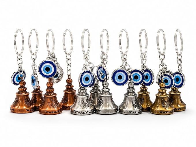 (KC44) Evil Eye Bell Keychain – Decorative Protection Key Ring with Metal Bell Pendant ( Pack of 12 Pcs - 1200 Rs)