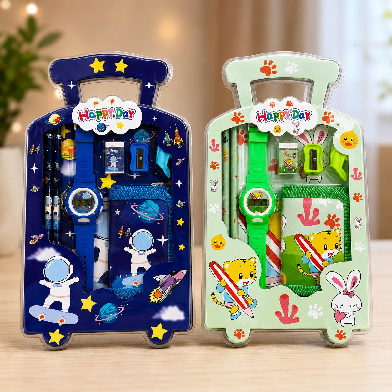 (S-015) (MOQ - 4 Pcs) 7 Pcs Stationery set with Watch & Purse – School Supplies Combo