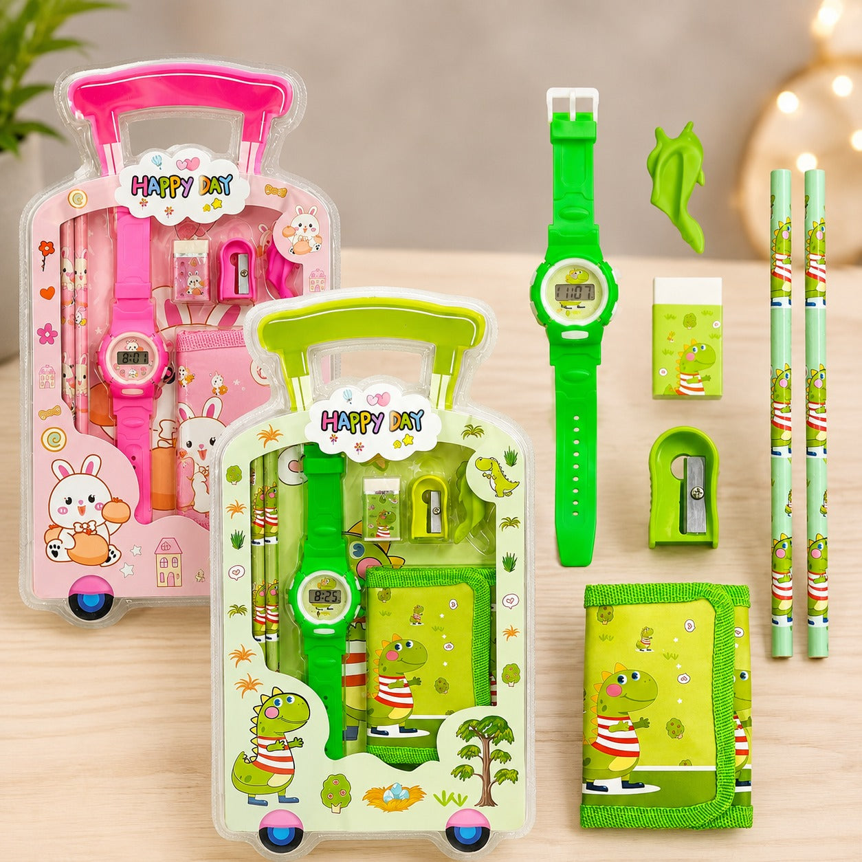 (S-015) (MOQ - 4 Pcs) 7 Pcs Stationery set with Watch & Purse – School Supplies Combo